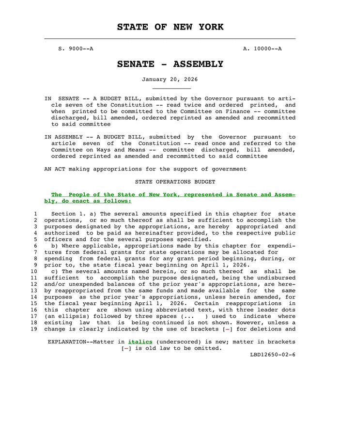 The cover of the New York State 2026 State Operations budget bill