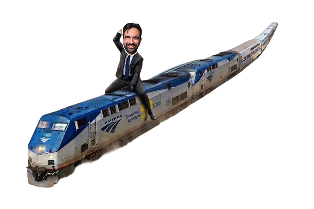 Zohran Mamdani riding an Amtrak train